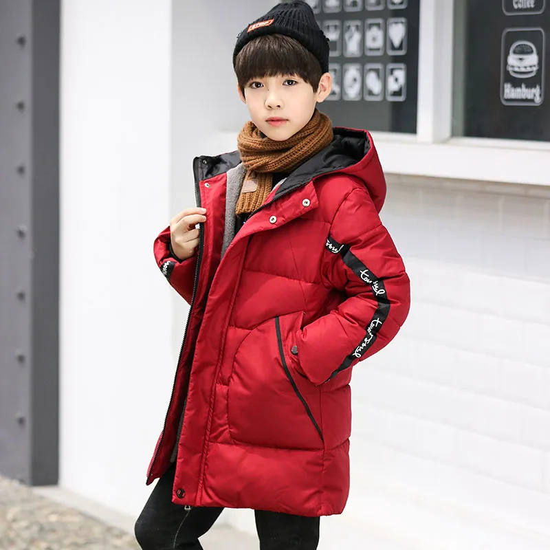 Новые детские зимние пуховики, хлопковые куртки для мальчиков, Длинные парки, детский зимний комбинезон, теплое утепленное пальто, ветрозащитная верхняя одежда для подростков - Цвет: red
