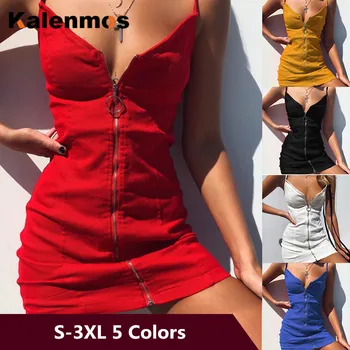 

KALENMOS Sexy High Waist Spaghetti Strap Dress Women Backless Party Club Night Solid V-Neck Summer Plus Size Vestidos Streetwear