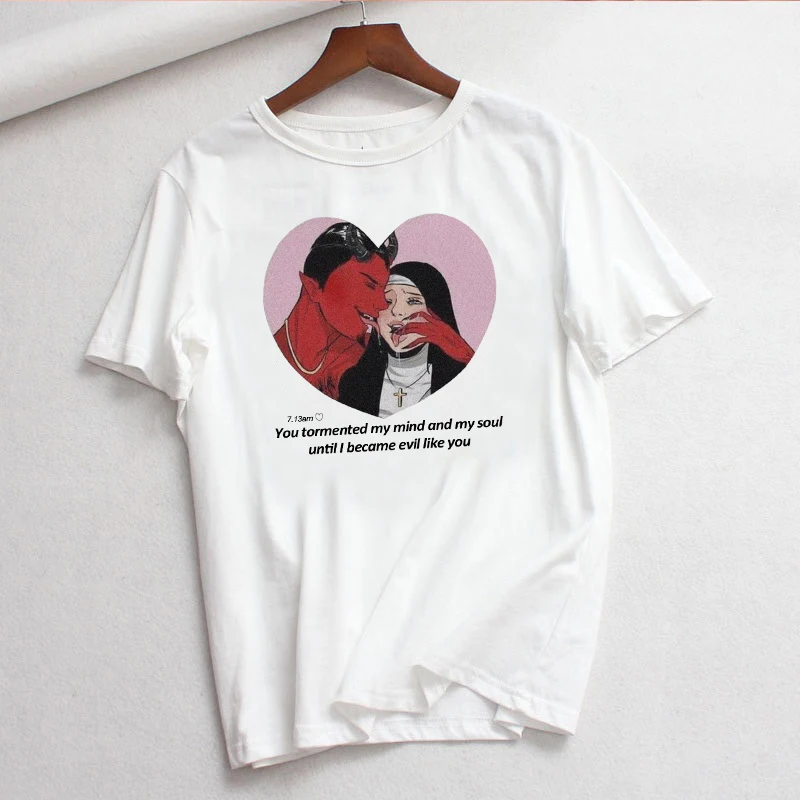 

Harajuku Summer Women t-shirt Tops Devil Print Letters Casual Loose Fun Vintage tshirt O-Neck Japanese Gothic female t-shirt