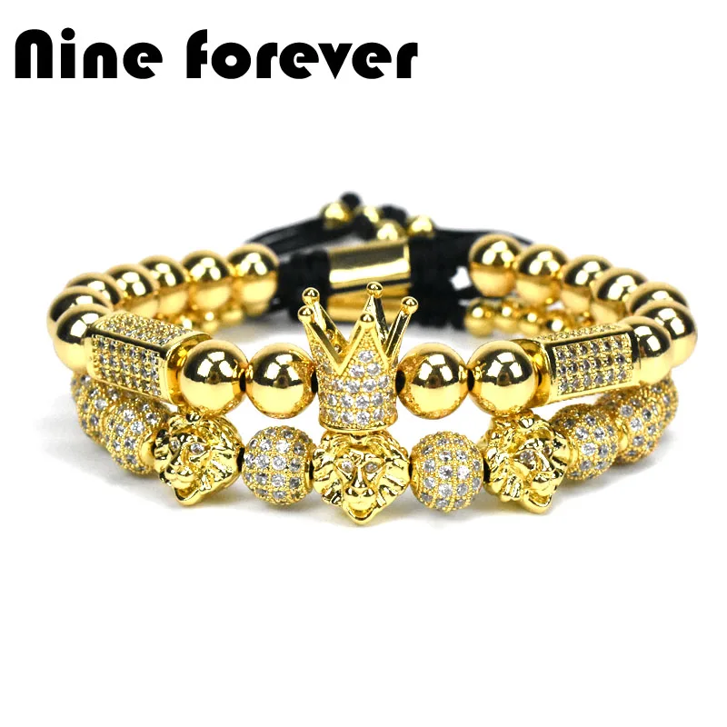 

Nine forever golden copper beads lion bracelet men jewelry crown charms bracelets for women pulseira masculina femme bileklik
