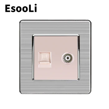 

EsooLi 2 Gang RJ45 Internet Data Computer Jack CAT7 Connector With Female TV Outlet Stainless Steel Brushed Panel Wall Socket