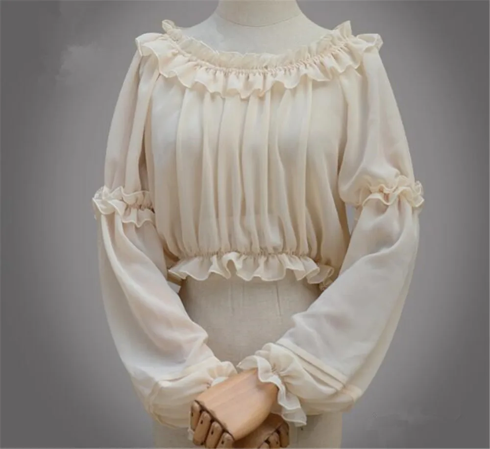 beige Лолита длинный фонарь рукав шифон короткий топ шифоновая блузка для женщин B301 - Цвет: beige