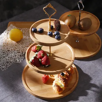 

Natural Bamboo Tray Creative Double Layer Fruit Bread Plate Living Room Household Tableware Afternoon Tea Snack Cake Stand