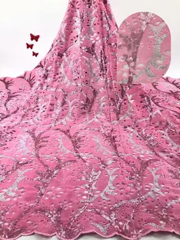 

French Net Lace Fabric 2019 Latest African Guipure Lace Fabric With Embroidery Mesh Tulle White Cord Sequins Lace Fabric Peach