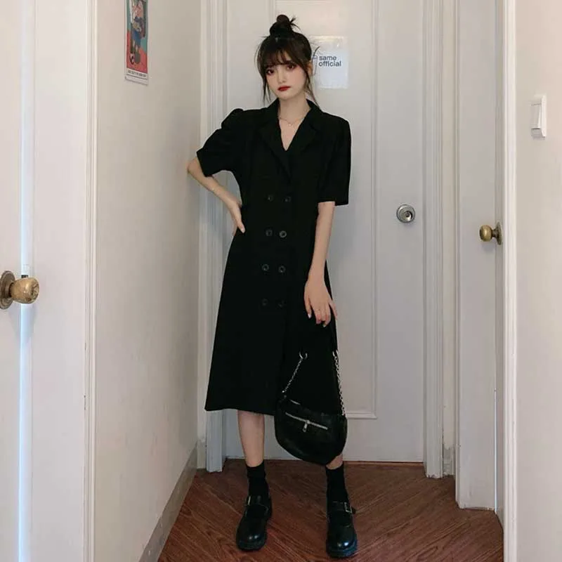 One-Piece Korean Plus Size Dress Women 2020 Summer New Vintage Fashion Double Breasted Dress Lady Elegant Office Dress Vestidos
