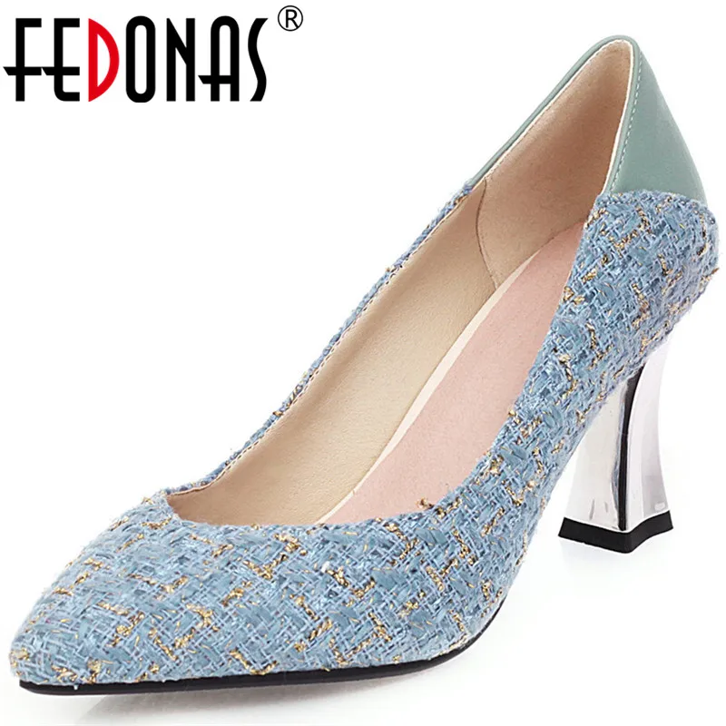 

FEDONAS Brand Top Quality Women Metal Decoration Strange Heeled Basic Working Pumps Summer Spring Classic Point Toe Shoes Woman