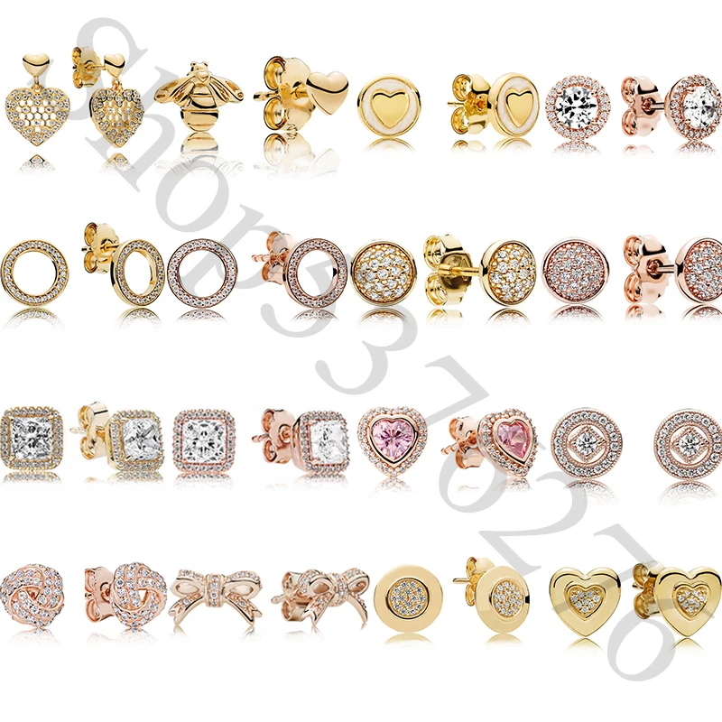 

Real 925 Sterling Silver Original Rose Shine Signature Heart Forever Europe Stud Earrings For Women Bead Charm Gift DIY Jewelry