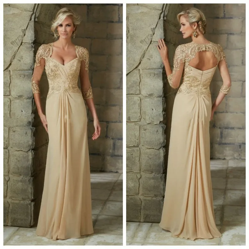 

2016 A Line 3/4 Sleeve Mother Of The Bride Dresses Appliques Lace Chiffon Long Formal Women Gowns Backless godmother dresses