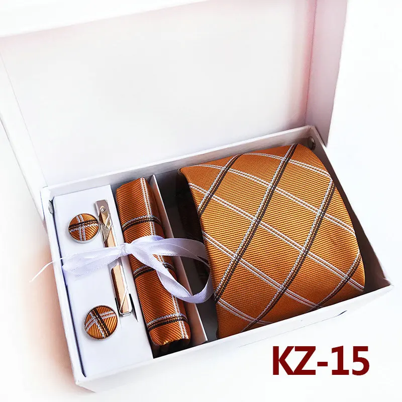 Neck tie Set Британский мужской плед Полосатый Бизнес Свадьба Вечеринка Hanky шеи Зажимы для галстука, запонки карман квадратный носовой платок широкий галстук коробка - Цвет: Neck tie Set