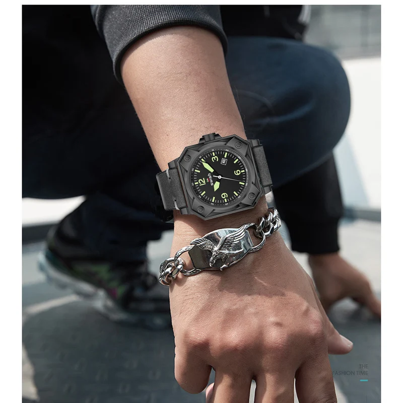 Квадратные мужские часы люксовый бренд SWISH черный кожаный ремешок из нержавеющей