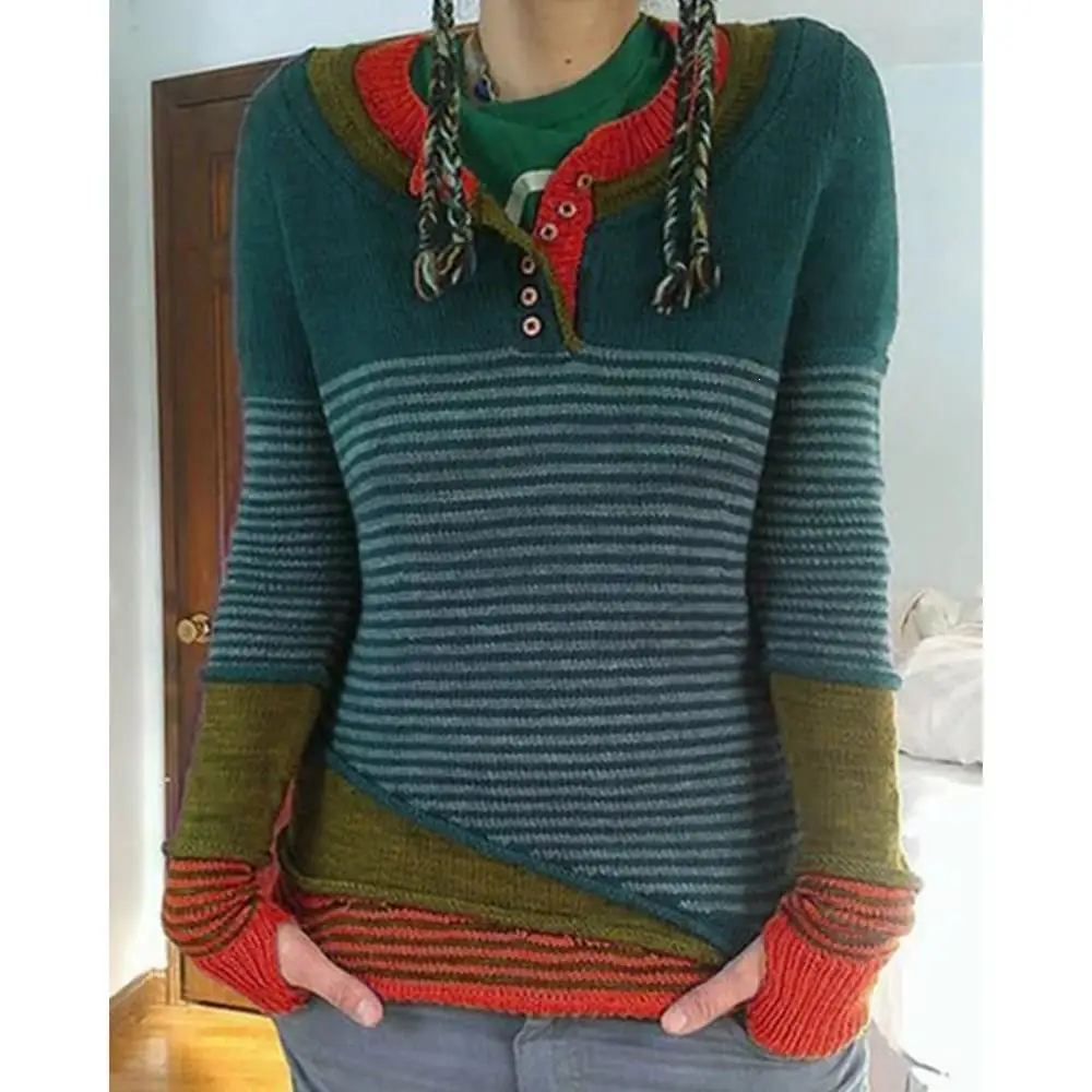 

Women Printing Striped Knitted Sweater Autumn Winter Long Sleeve Pullover Tops Casual Plus Size Sweater
