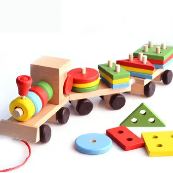 

Children Wooden Toys Multicolored Drag Train Shape Matching DIY Assemble Kids Early Education Montessori Toys