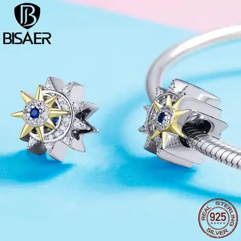 

BISAER Authentic 925 Sterling Silver Clear Sun & Moon Shape Charm For Bracelet & Necklace Making Fashion Jewelry HSC1135