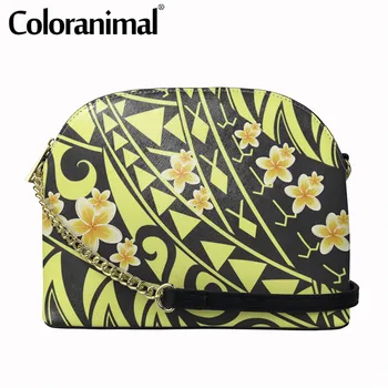 

Tribal Style Female Crossbody Bag With Chain High Qulity Leather Messenger Bag Polynesian Plumeria Print Shoulder Bag for Women
