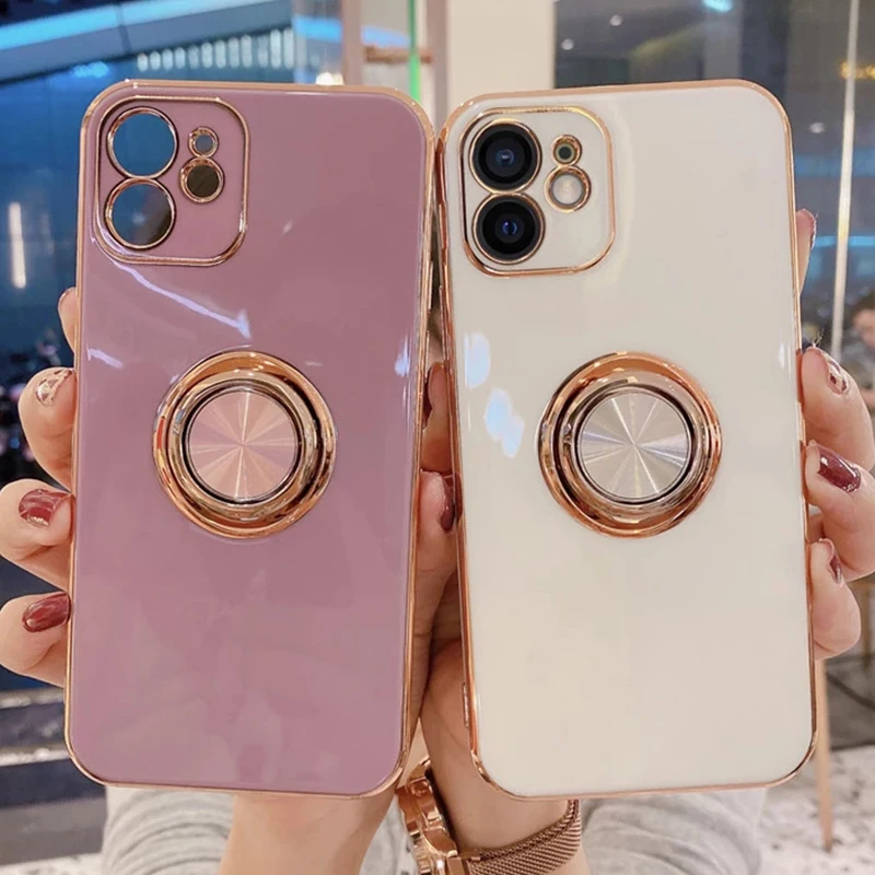 Funda de teléfono con soporte de anillo chapado suave, a prueba de golpes, para iPhone 12 11 Pro Max 12Mini XS Max XR X 7 8 Plus SE 2020 12Pro 11