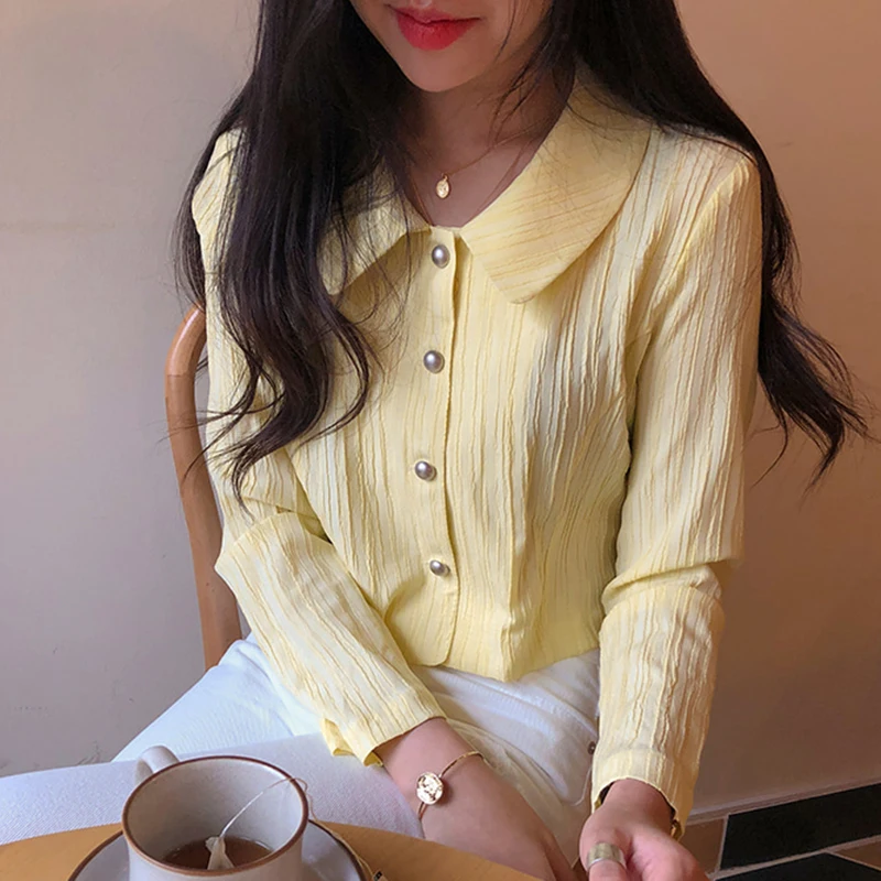 

Little Lady Wrinkled Blouse Short Style Long Sleeve Shirt Women Top Kawaii Spring Autumn Chemsie Femme Chemisier Blusa Mujer