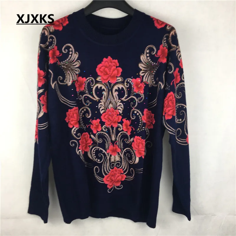 XJXKS весна осень зима женские свитера и пуловеры плюс размер мать трикотажные топы с цветочным принтом длинный рукав джемпер - Цвет: Style 5