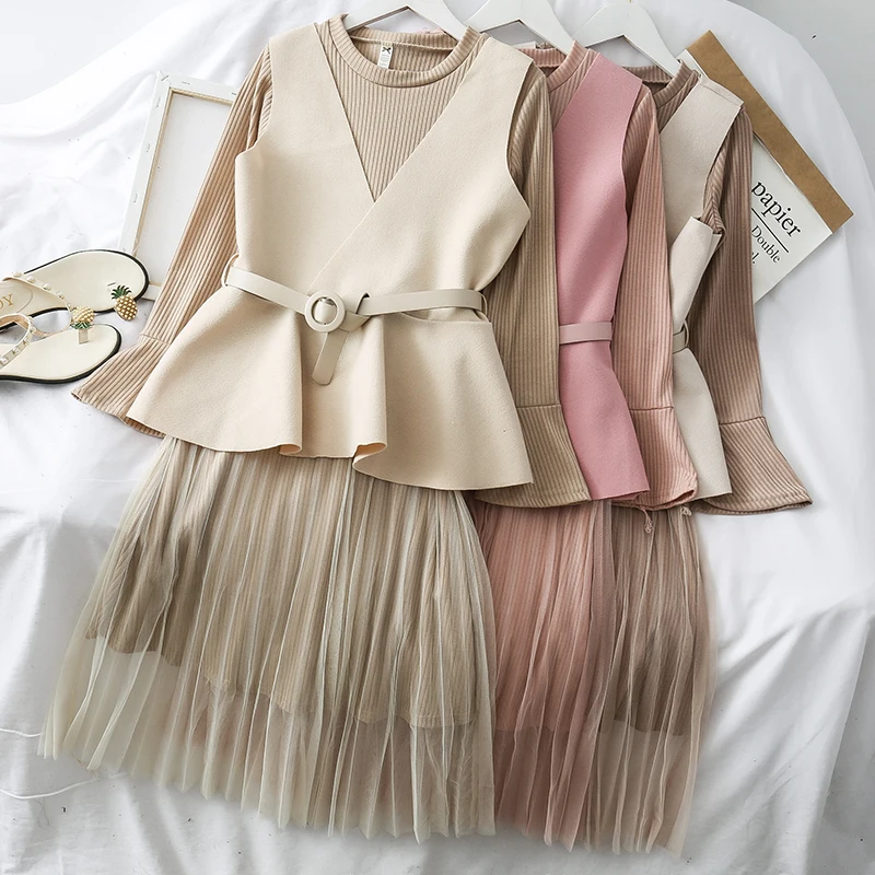 

Mooirue Winter Tracksuit Women With Belt Kintting Mesh Patchwork Long Dress + V Neck Vintage Vest Streetwear Casual Korean Sets