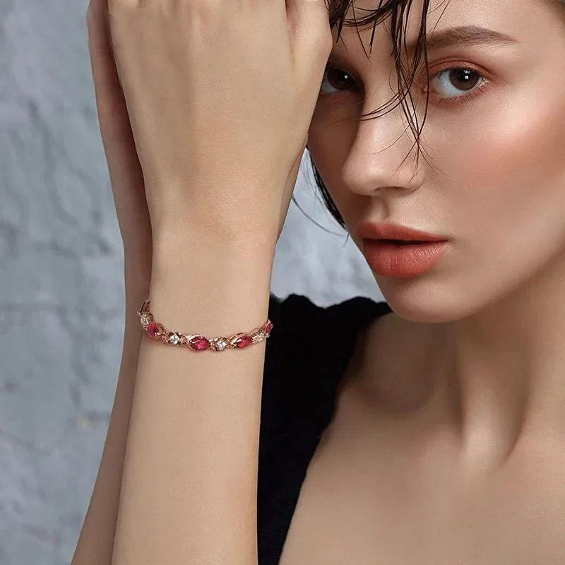 Zircon Bracelets Women Bracelet MxGxFam (17.5cm+3cm ) Green / Red Zircon Bracelets For Women Fashion Jewelry Pure Gold Color 24 k