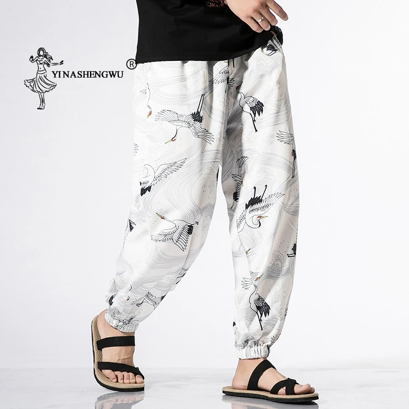 

Print Pants Japanese Kimono Traditional Haori Pants Asian Costume Beach Casual Loose Long Pants Japan Style Men Kimono Yukata