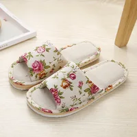 Autumn Winter Women's Home Slippers Couple Linen Floor Shoes Leisure Spring Soft Non-Slip Foam Bottom Flip Flops Rose 1