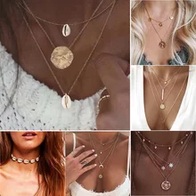 20 видов стилей ожерелье в стиле бохо для женщин, золотые цепочки, ракушка, карта, луна, подвеска, богемный стиль, многослойное колье,, Collares Mujer, винтажные ювелирные изделия