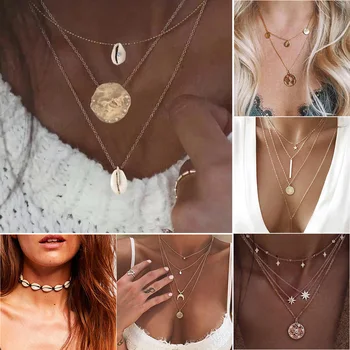 

20 Styles Boho Necklace for Women Gold Chains Shell Map Moon Pendant Bohemian Layered Choker 2019 Collares Mujer Vintage Jewelry