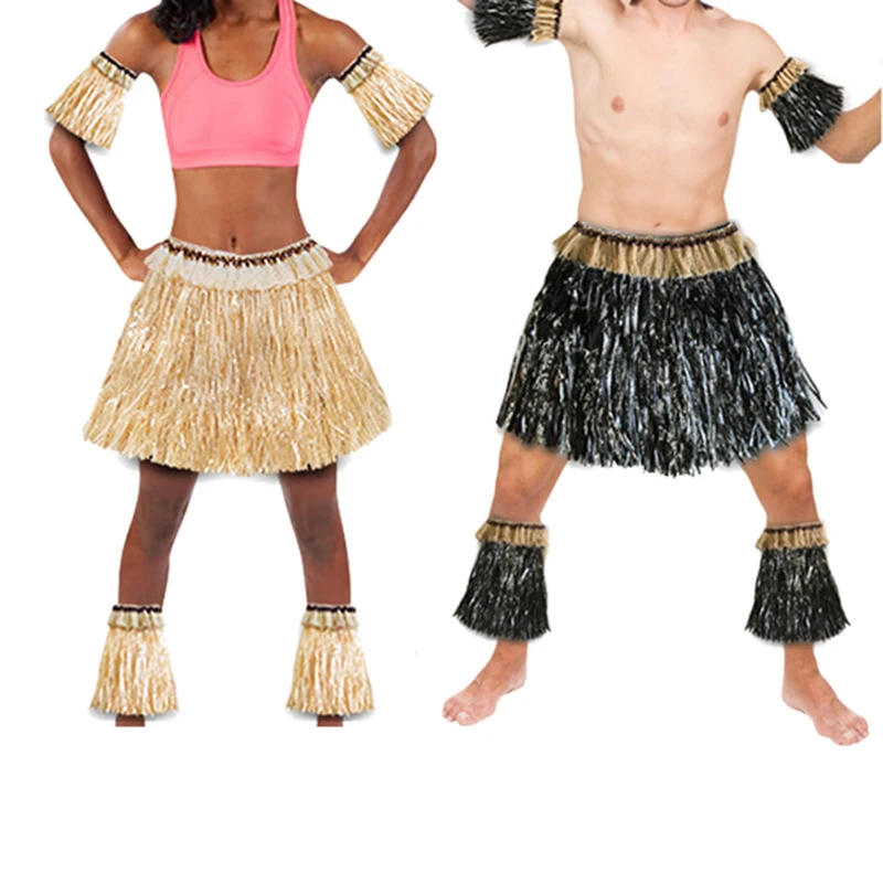 Hawaiian Grass Skirt Suit Elastic Arm Sleeve Feet Cover Grass Skirt Hula Dance Costume Beach Summer Holiday Wedding Party Favor