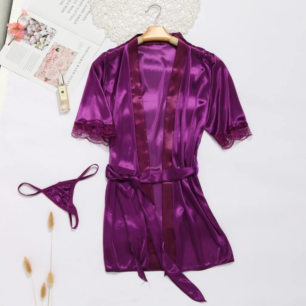 Ночная одежда, женская повседневная одежда для сна, женское сексуальное кружевное шелковое нижнее белье, ночное белье, ночная рубашка, платье W1223 - Цвет: Purple