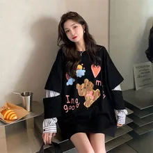 

White Loose Long-Sleeved T-Shirt Women'S Spring Autumn 2022 New Design Sense Niche Fake Cartoon Two-Piece Clothes Ins Shirt Tide