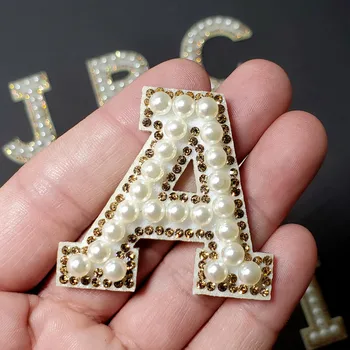 

New A-Z Pearl gold Rhinestone English Letter iron on Patches Applique 3D Handmade Letters Beaded Diy Patch Cute Letter Patches