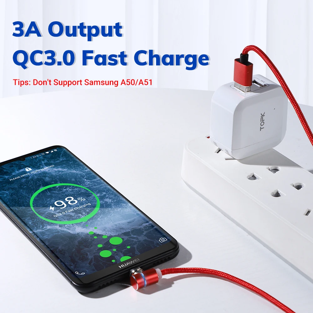 TOPK Led 3A Магнитный USB быстрый заряд кабеля C type кабель для samsung Phone & 8pin зарядный и Micro