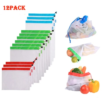 

12 pieces of 3 sizes mesh fruit and vegetable multi-purpose mesh packaging reusable storage bag portable shopping bag