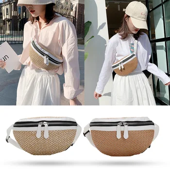 

Women Straw Chest Bags Weaving Fanny Pack Fashion Summer Beach Belt Phone Pouch Summer Beach Bag Travel Chest Pack Purse