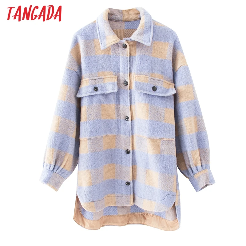 Tangada винтажная фиолетовая решетчатая длинная куртка пальто для женщин 2020