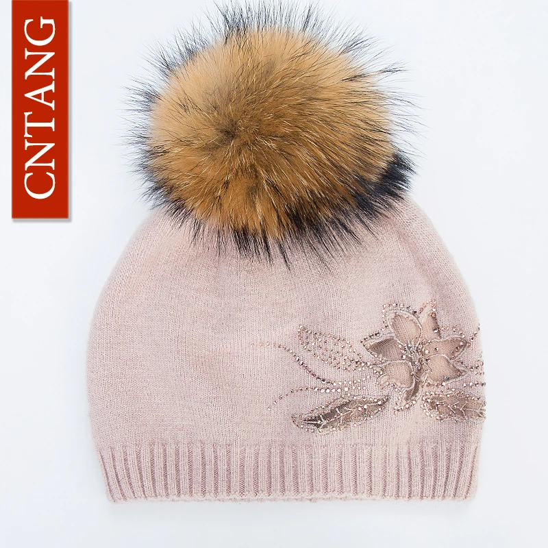 Multiple Styles Fashion Warm Hat Women Winter Beanies Natural Raccoon Fur Pompom Cap Wool Knitted Hats Women High Quality 2