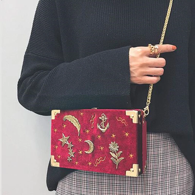 

Women Girl Vintage Retro Evening Party Handbag 2019 Bag With Stars Lock Purse Ladies Crossbody Bag Small Box Female Shoulder Bag