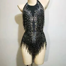 Черно-белый блестящий боди со стразами с кисточками танцевальный костюм Цельный боди наряд на день рождения вечерние леггинсы
