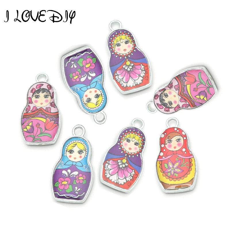 

Wholesale 4 Mixed Color Both 2 sides Enamel Matryoshk Russian Doll Charm Pendants For Jewelry Making
