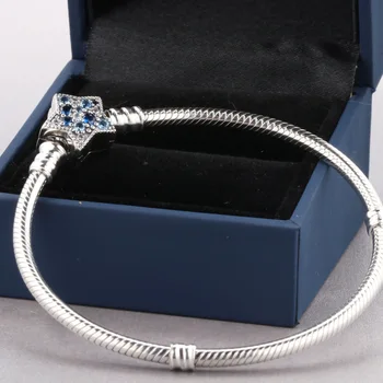 

New Original Silver Color Blue Bright Star Butterfly Hard Snake Chain Bead Charms Basic Bracelet Bangle Women DIY Jewelry Gift