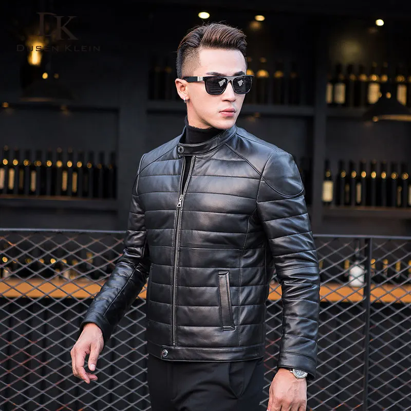 

Dusen Klein Men Genuine Leather Down Jacket and Coat with Nature Mandarin Collar Men Wave cut motorcycle jacket Balck 14B0033