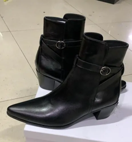 

Real Leather Ankle Strap Black Boots Men Heel Spring Platform Shoes Brand Party Ankle Boots slip on Shoes