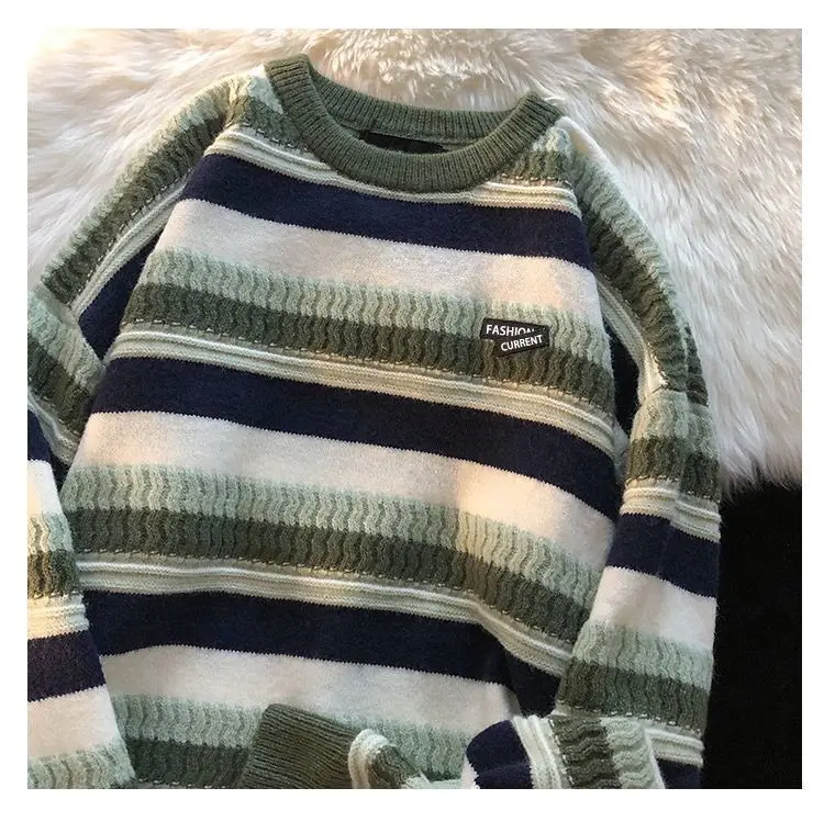 christmas sweaters Autumn Winter New Thickened Loose Pullover Sweater Korean Style Color Stripe Retro Age-Reducing Long-Sleeve knit Sweater Tops pullover sweater