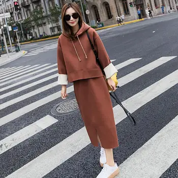 

Yfashion Fashion 2019 Autumn Women Set Hooded Sweatshirt + Skirt Women Clothes Thicken Hooded Top Straight Skirts Two Piece Sets