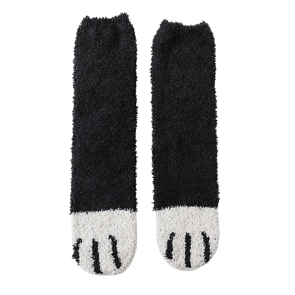 Женские носки унисекс зимние вязаные носки до середины икры модные симпатичная кошачья лапа коралловые толстые пушистые носки средней длины#4