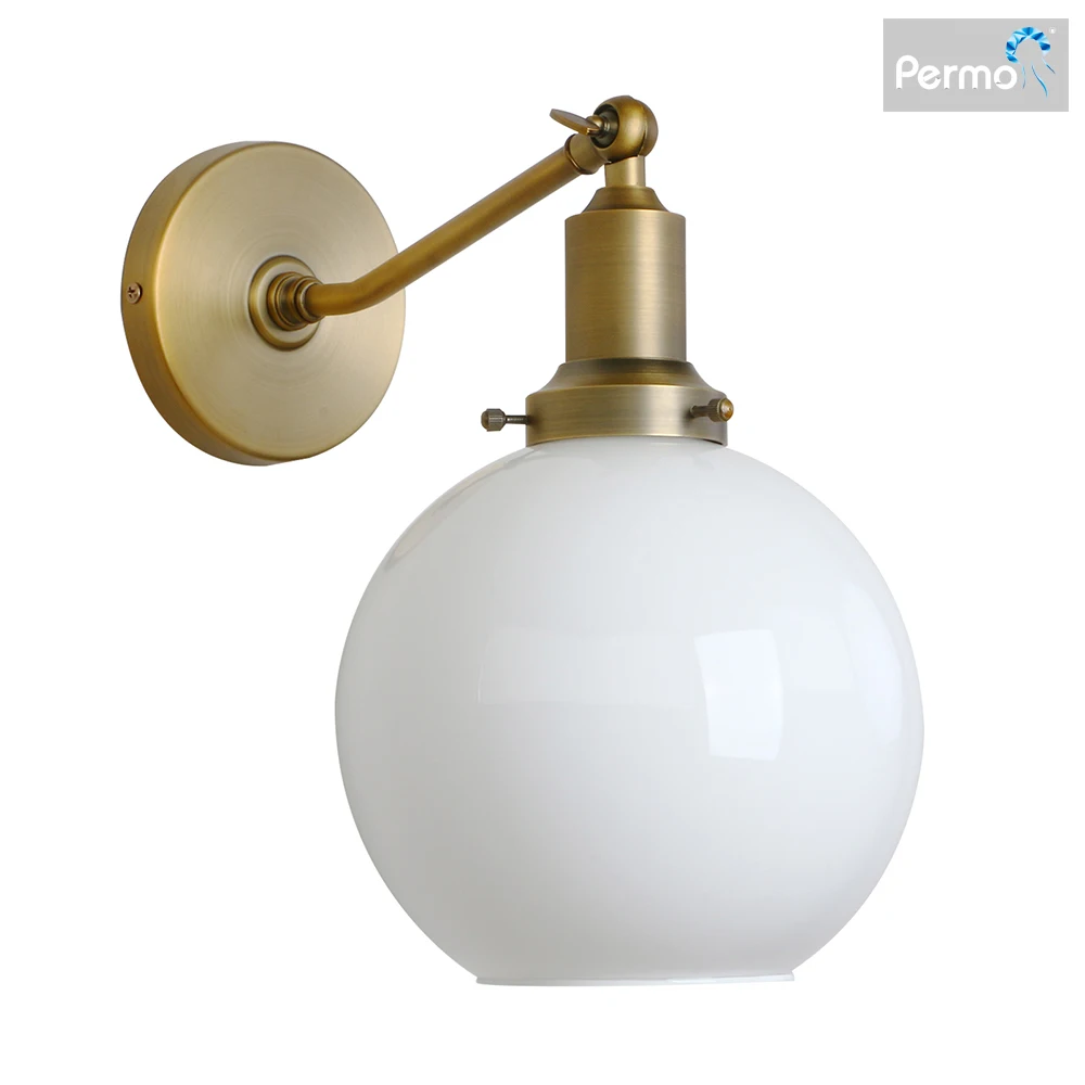 

Permo Industrial Vintage Slope Pole Wall Mount Single Sconce with 7.9" Globe Round Milk White Glass Shade Wall Sconce Light Lamp