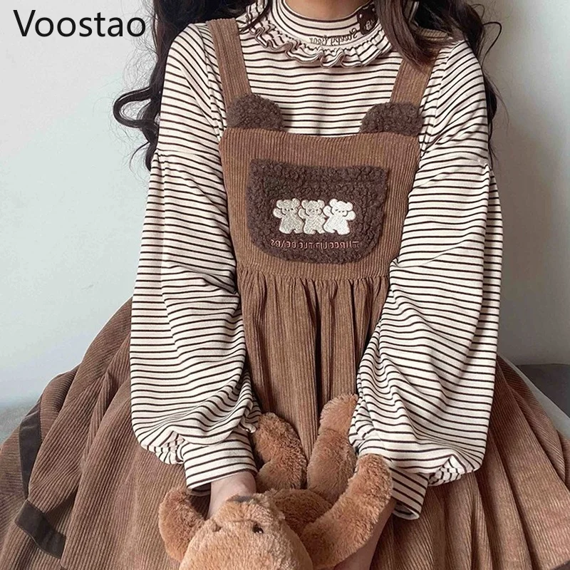 Autumn Winter Girls Vintage Sweet Lolita Jsk Dress Women Cute Bear Embroidery Plush Pocket Loose Corduroy Party Strap Dresses Lolita Dress Lolita Suspender Dress Suspender Dress