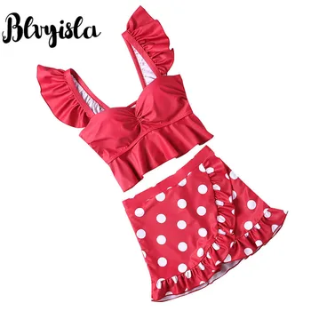 

Blvyisla Red Dot Printed Half Cup Swimsuit Ruffled Lolita Style Swimwear XXL Asia Size Two Piece Set