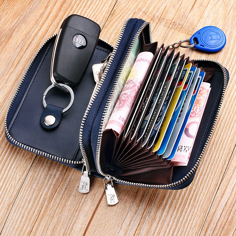 

Men Genuine Leather Card Bit More Small Card Holder Men's Zipper Wallet Large Capacity Key Leather Case Men's