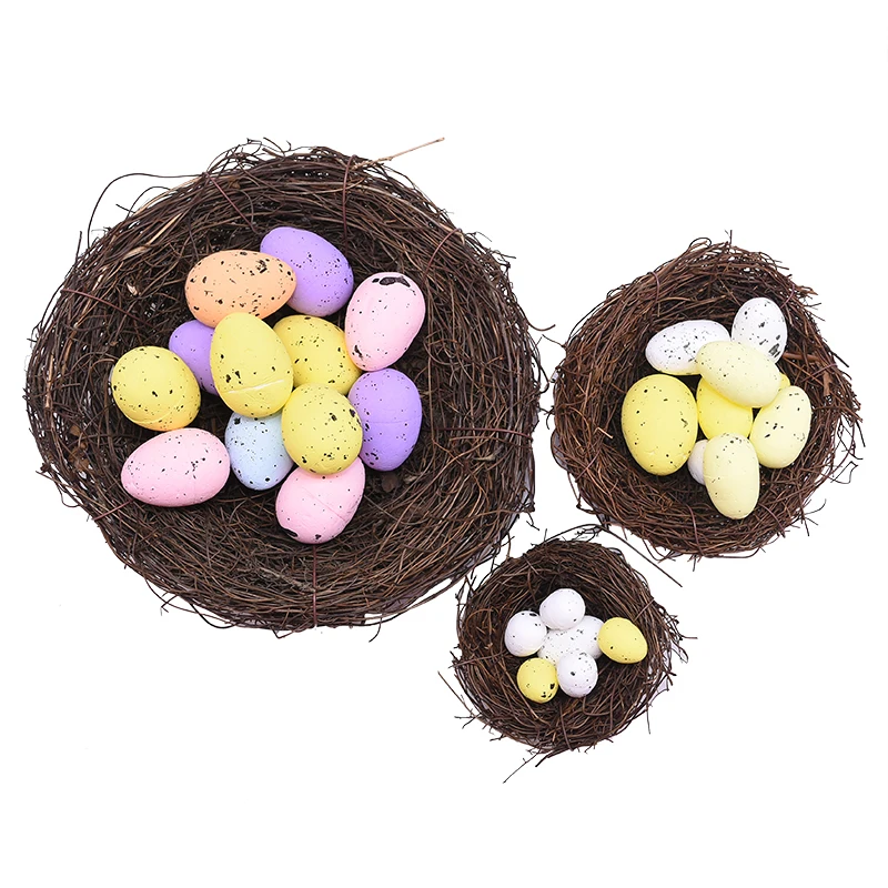 

Easter Toad Rattan Weaving Birds Nest and Mini Easter Colored Eggs Handmade Diy Birds Cage Foam Eggs Home Decor Party Supplies